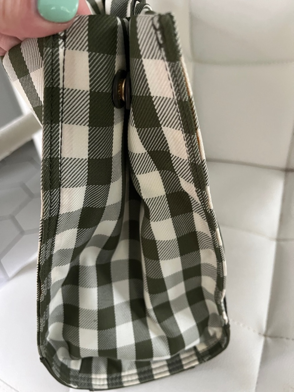 Tory Burch Olive and White Gingham Logo Tote with Leather Trim - Picture 11 of 11